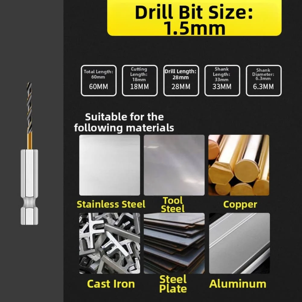 Black 15pc Hex Drill Set Twist Drill Bits High-Speed Steel Nitriding Process 14-inch Hex Shank For Impact Drills