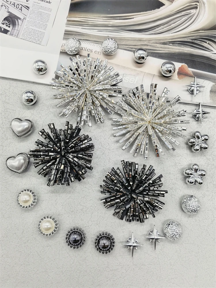 12PCS Shiny Firework Starbust Shoe Charms Accessories Silvery Heart Clogs Shoe Buckles DIY Decorations Round Beads Shoe Clips