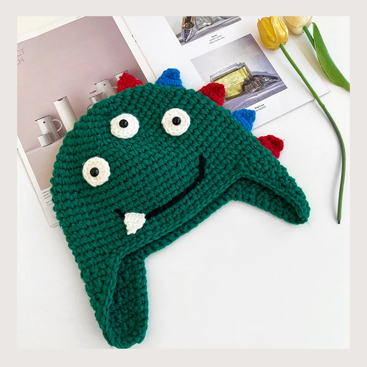 Cute Cartoon Little Dinosaur Design Knitted Beanies Cap Autumn and Winter Warm Personality Versatile Funny Ear Protection Hats