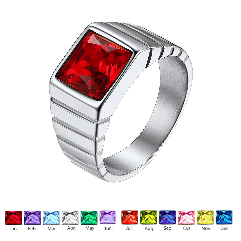 U7 Stainless Steel 11mm Wide Rectangle Stones Rings for Man Size 7-13 Strips Side Birsthstones Birthday Jewelry Gift for Him