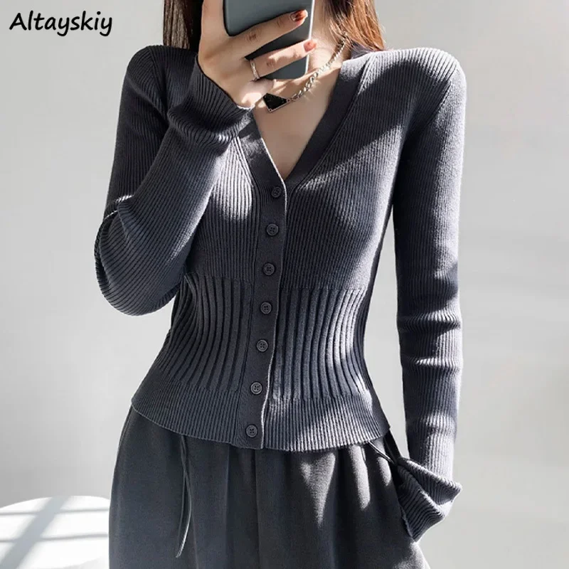 Autumn Cardigans for Women Korean Style Cropped Sweater Fashion Knitted V-neck Tops Elegant Temper Female Streetwear Chic Solid