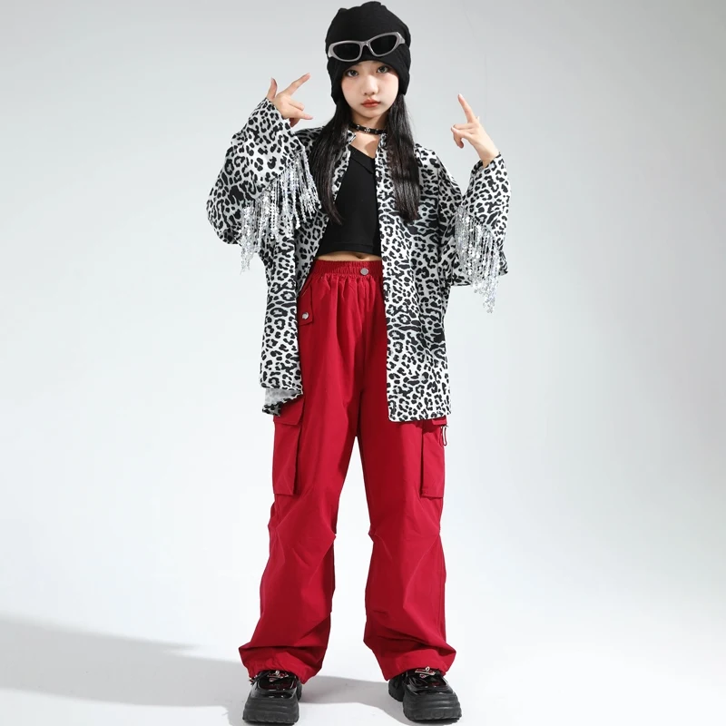 Kinder Hip Hop Tanz kostüme für Mädchen Leoparden muster Jacke rote Cargo hose Street Wear Kinder Jazz Stage Rave Kleidung dqs17453