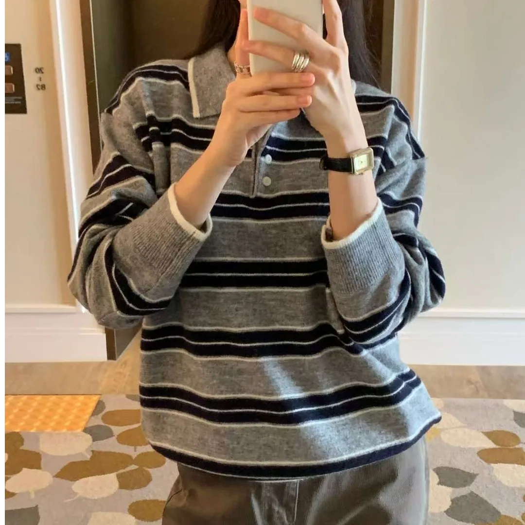 Fashionable Striped Knitted Sweater Versatile Korean Style Loose Fit Color Block Autumn Winter Women's Regular Thickness