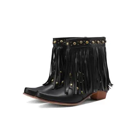 Western Cowboy Tassel Fringes Boots For Women 2024 Slip On Square Heels Cowgirl Riding Retro Women's Ankle Shoes image 5