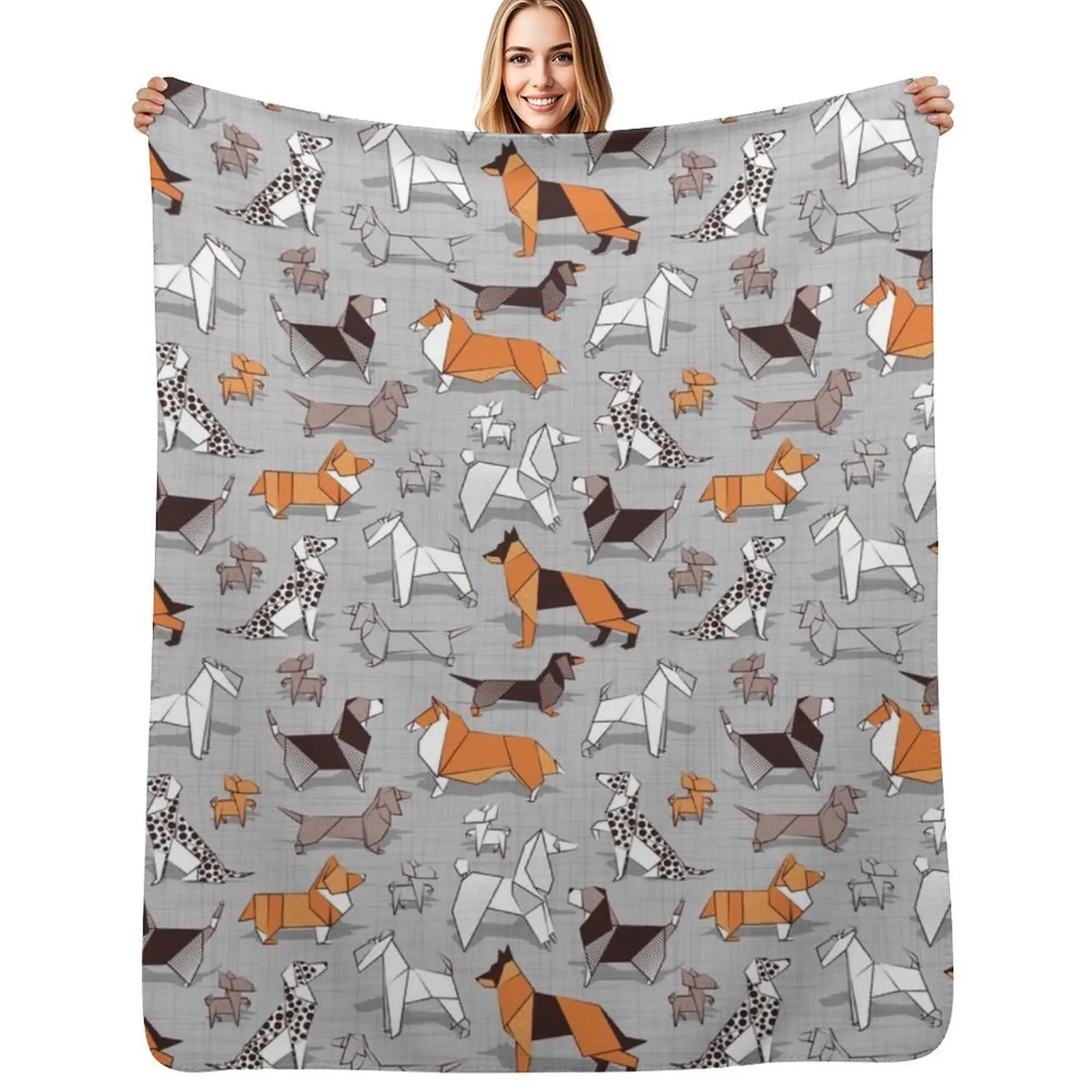 

Origami doggie friends // grey linen texture background Throw Blanket Sofas Camping Luxury Blanket