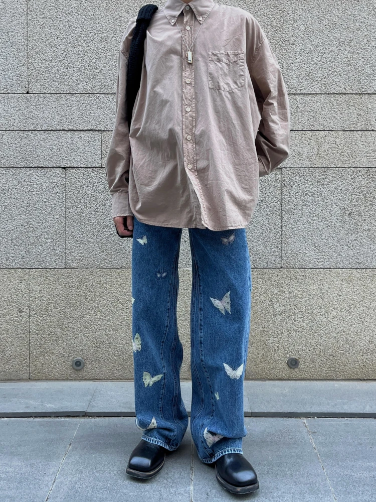 Nuevo 25SS Indigo bordado de mariposa plones vaqueros de pierna ancha hombres mujeres Casual cómodo transpirable plon...
