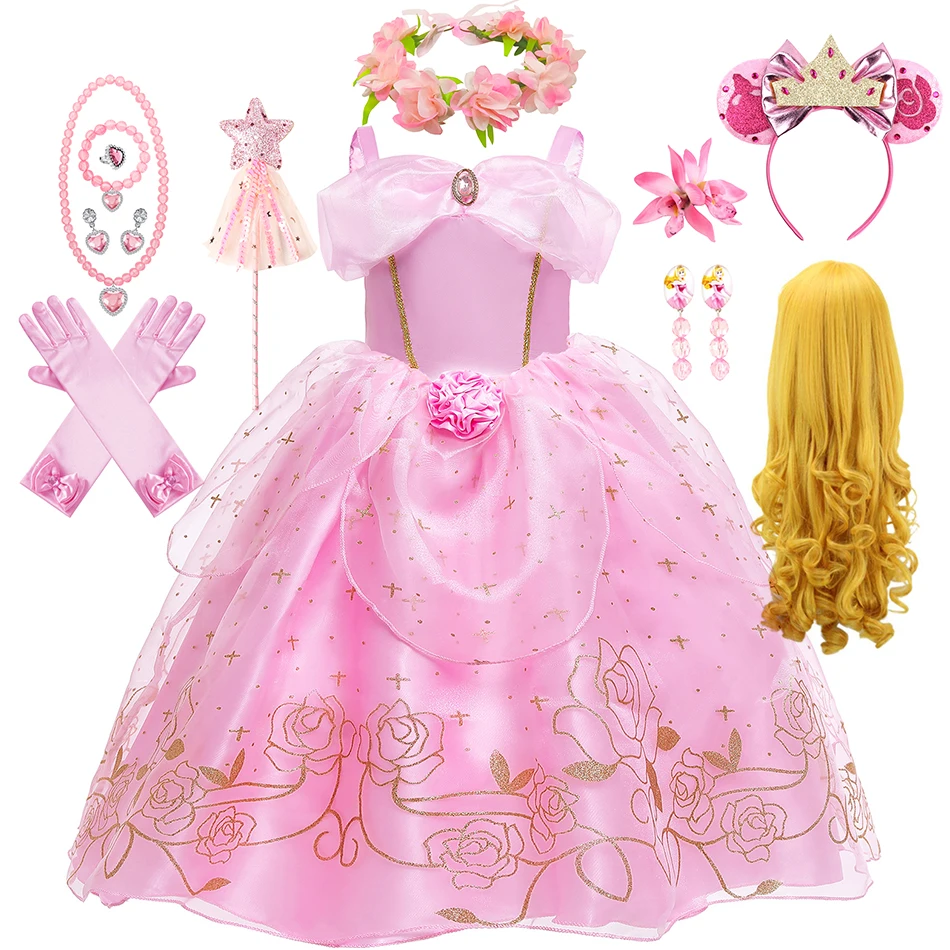 Aurora Pink Princess Dress Girl Sleeping Beauty Cosplay Costume Summer Floral Rose Print Sling Aurora Pink Princess Dress Girl Sleeping Beauty Cosplay Costume Summer Floral Rose Print Sling