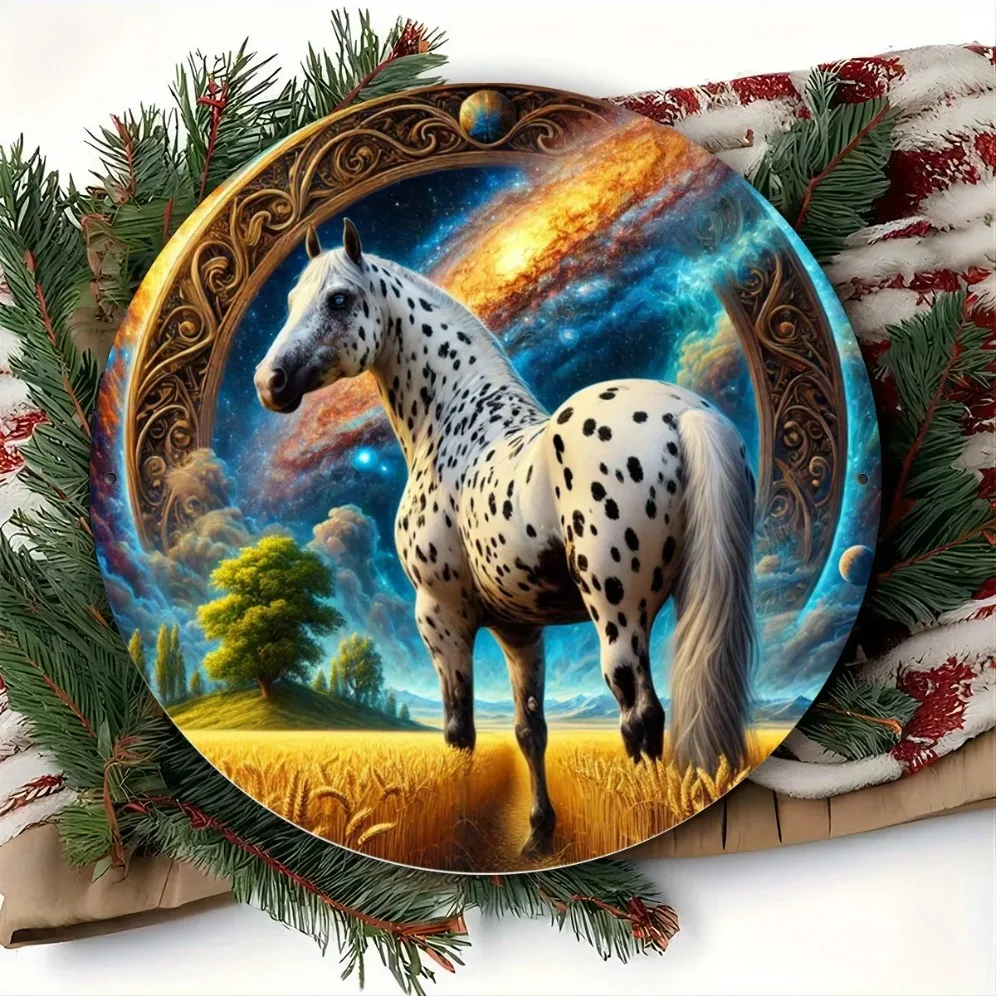 ديكور علامة معدنية من Apaluza Fantasy Horse، لوحة فنية جدارية مستديرة مقاس 7.8 بوصة، قطعة مركزية للإكليل #4