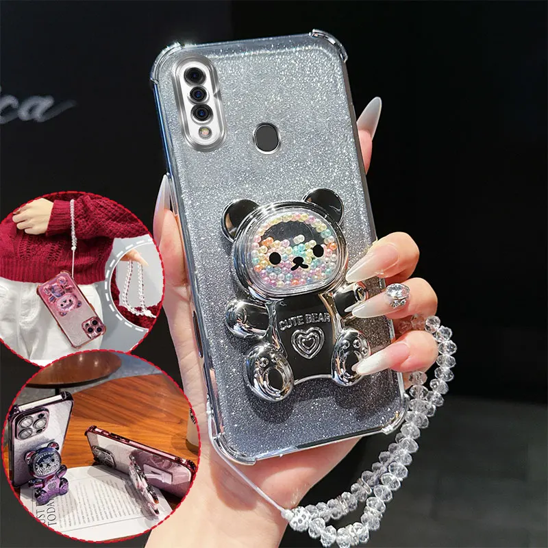 Stoßfeste Handyhülle mit 4 Ecken und niedlichem 3D-Bärenständer, Kristallketten-Lanyard und Glitzer für Oppo A31 A 31 4G 2020 A8 4G Rückseite