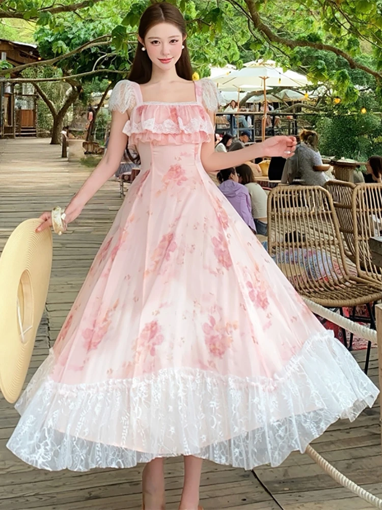 Women Pink Floral Chic Lace Ruffled Square Collar Long Dress 2026 Korean Vintage Luxury Festival Dress Summer Elegant Prom Dress