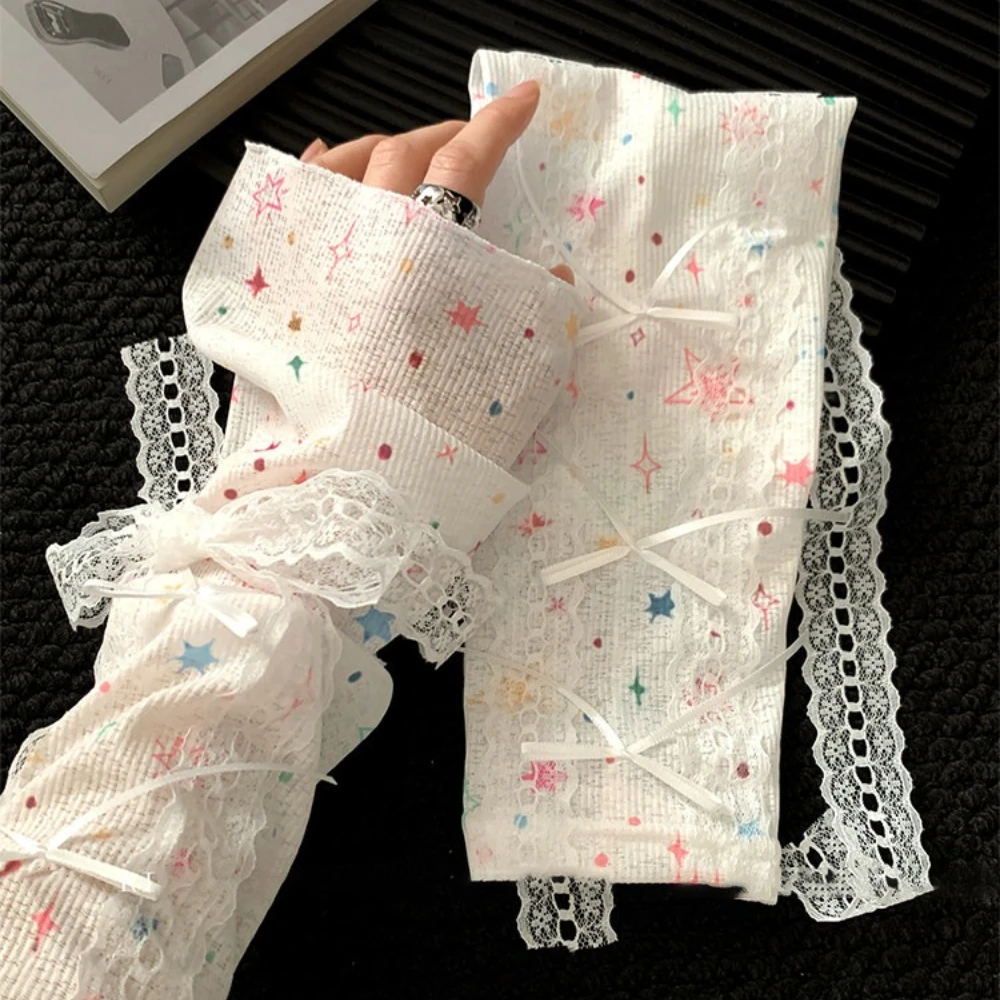 Cute Star Ins Lace Ice Silk Sun Protection Arm Sleeves American Sweetheart Tie Straps Arm Sleeves Outdoor Cycling Arm Sleeves