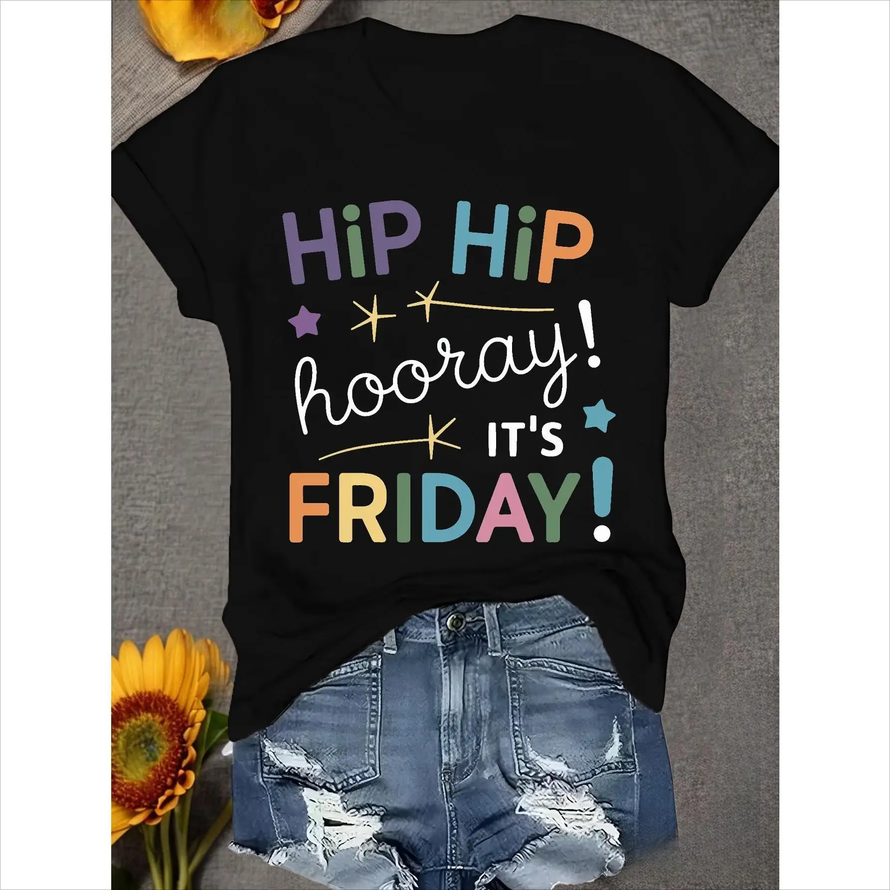 

Spirited Tee Featuring Colorful Typography and Fun Stars, Celebrating the Arrival of Friday