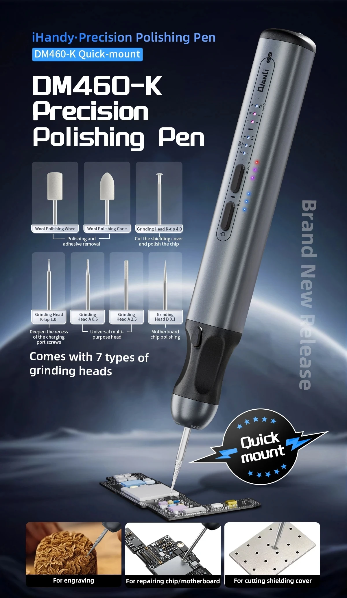 QianLi DM460-K precision Polishing pen wireless high torque TYPE-C charging can be used for engraving chip/motherboard  1-2pcs