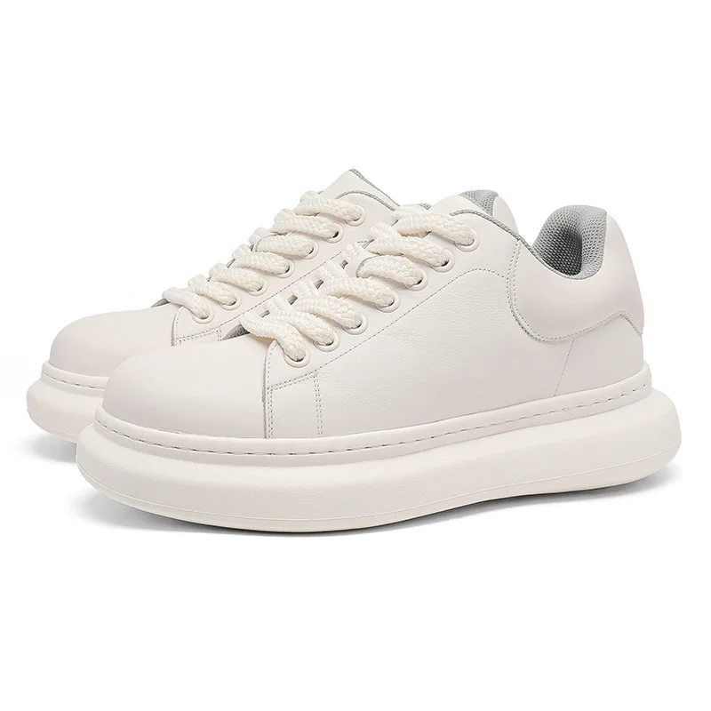 

Spring New Shoes for Man Cow Leather Casual Platform Shoes White Flat Skateboard Shoes Youth Thick-soled Sneaker