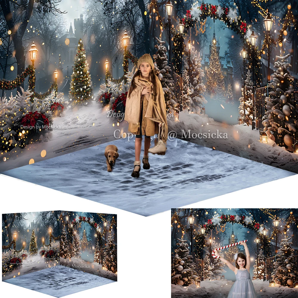 

Christmas Eve Photography Background for Children Winter Photo Snowy Arched Xmas Flower Door Street Light Backdrop Indoor Decor