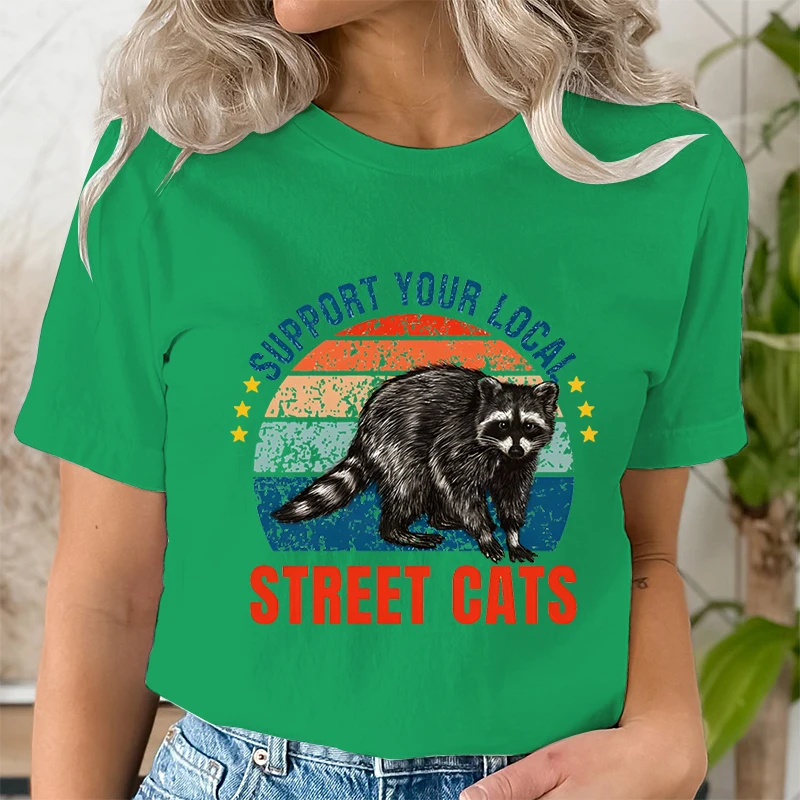 Raccoon Summer Women T Shirt Animal Support Local Street Cats Print Casual O-Neck Short Sleeve Pullover Female T-Shirt Clothing