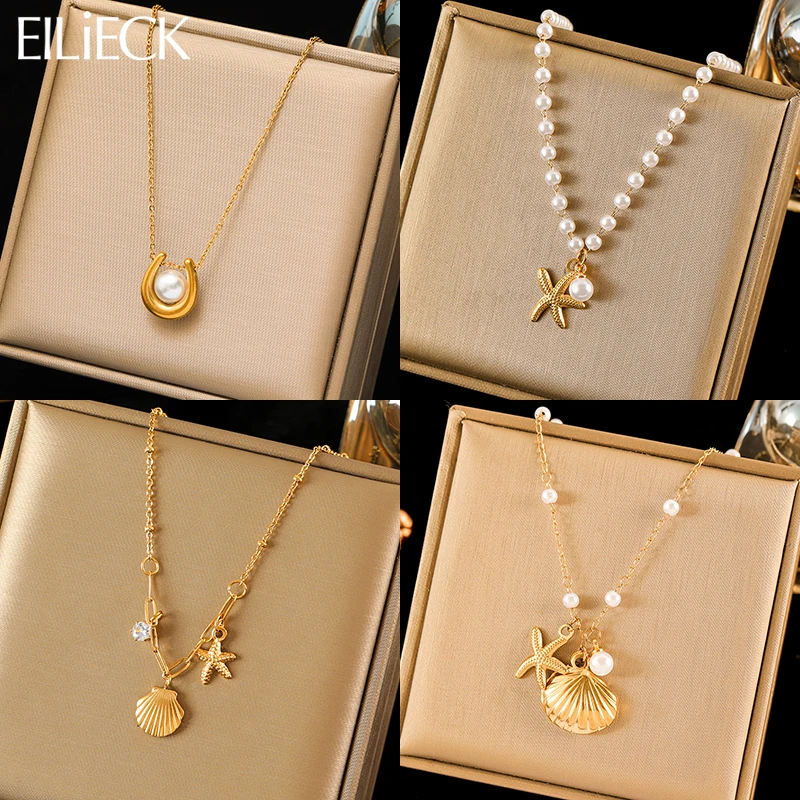 EILIECK 316L Stainless Steel Starfish Shell Pearl Pendant Necklace For Women Fashion Gold Color Neck Chain Jewelry Holiday Gifts