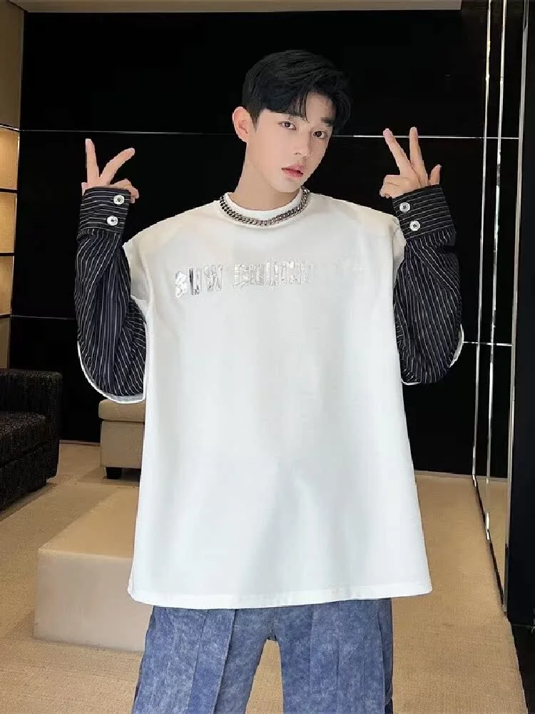 

Корейский полосатый све в стиле пэчворк, свободный модный свитшот Base irt, мужской топ с железным цветком, молодежный повседневный осенний топ