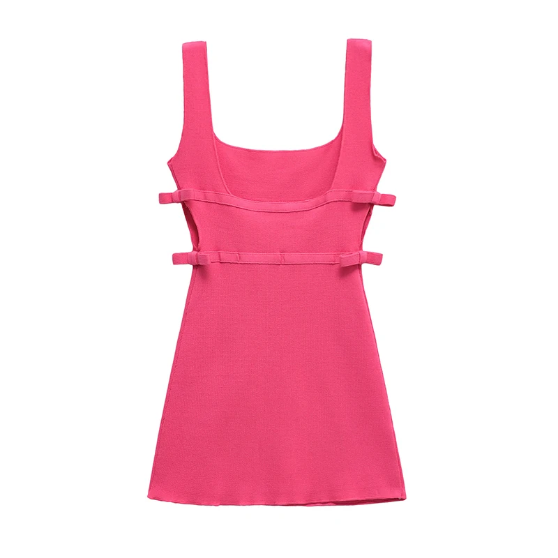 YENKYE nuevo 2025 mujeres Rosa rojo tejido elástico Mini vestido elegante cuello cuadrado sin mangas lazo lateral recortado Vestidos de verano