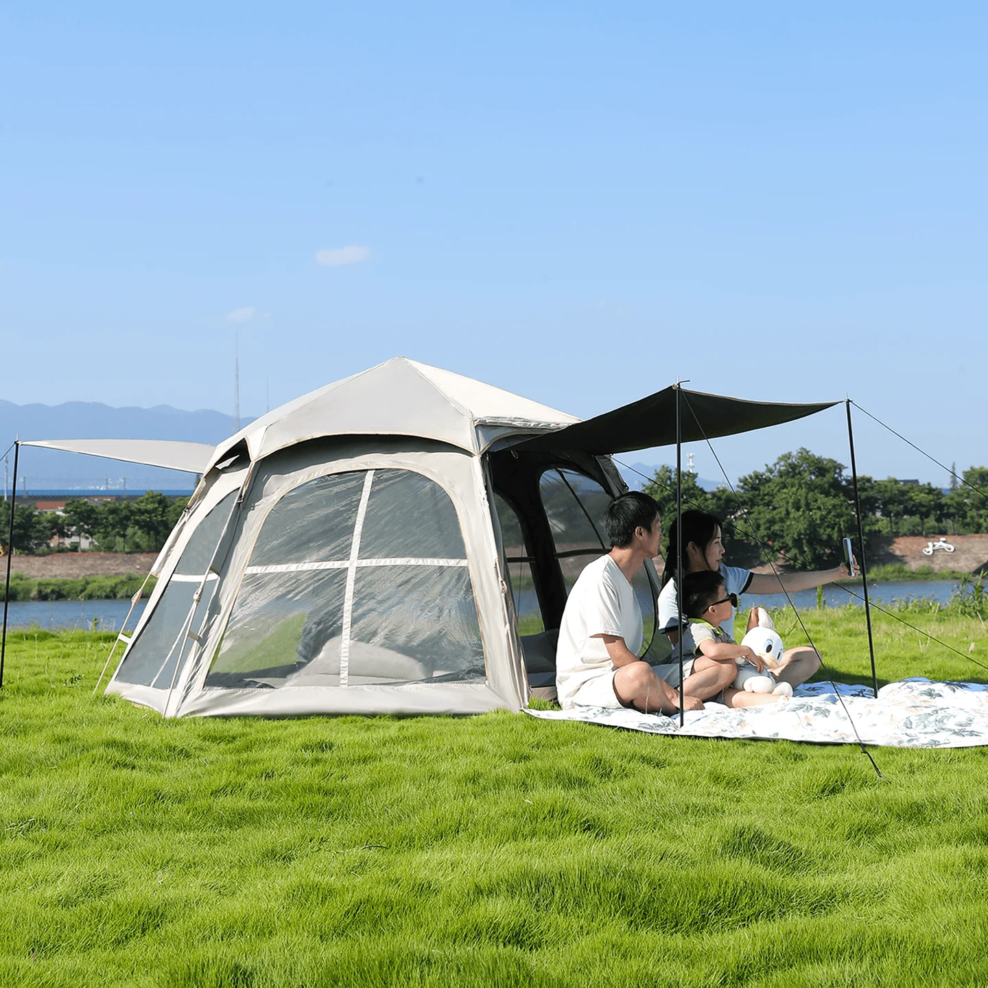 

Шестигранная палатка для кемпинга, Mountainhiker, быстрооткрывающаяся сетка без шага, окно, портативный солнцезащитный козырек, водонепроницаемый навес 2-в-1, УФ-навес