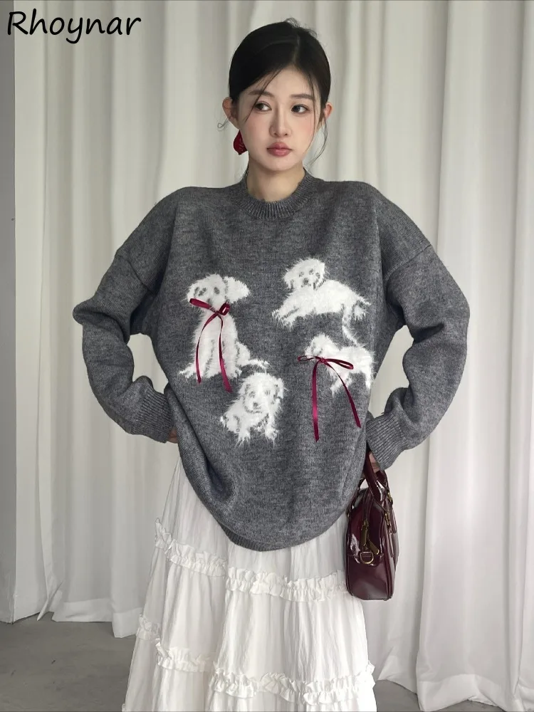 

Пуловеры женские плюшевые для отдыха Kawaii Bow Puppy Pattern пушистые нежные свитера Fairycore зима в корейском стиле уютные Ins