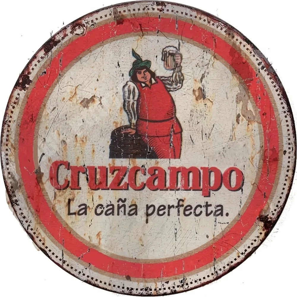 Vintage Cruzcampo Bier-Aluminiumschild – rundes klassisches Pub-Bar-Dekor, wasserdichte Wandbehang in der Männerhöhle, langlebiges Schild