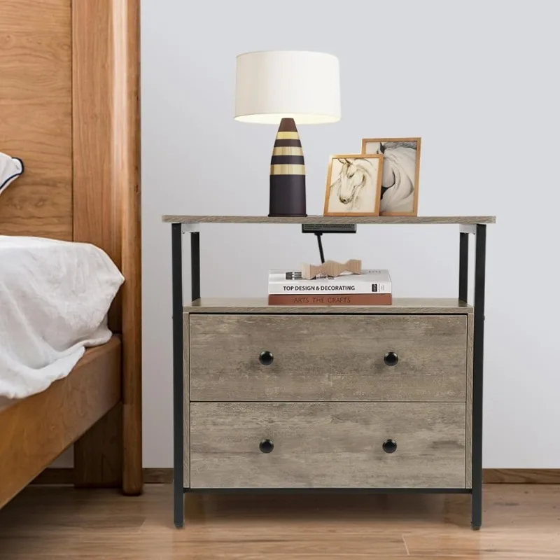 منضدة مقاس 27 بوصة مع قاعدة شحن ودرجين وطاولة بجانب السرير ورف مفتوح للتخزين باللون الرمادي، مجموعة من 2 #2