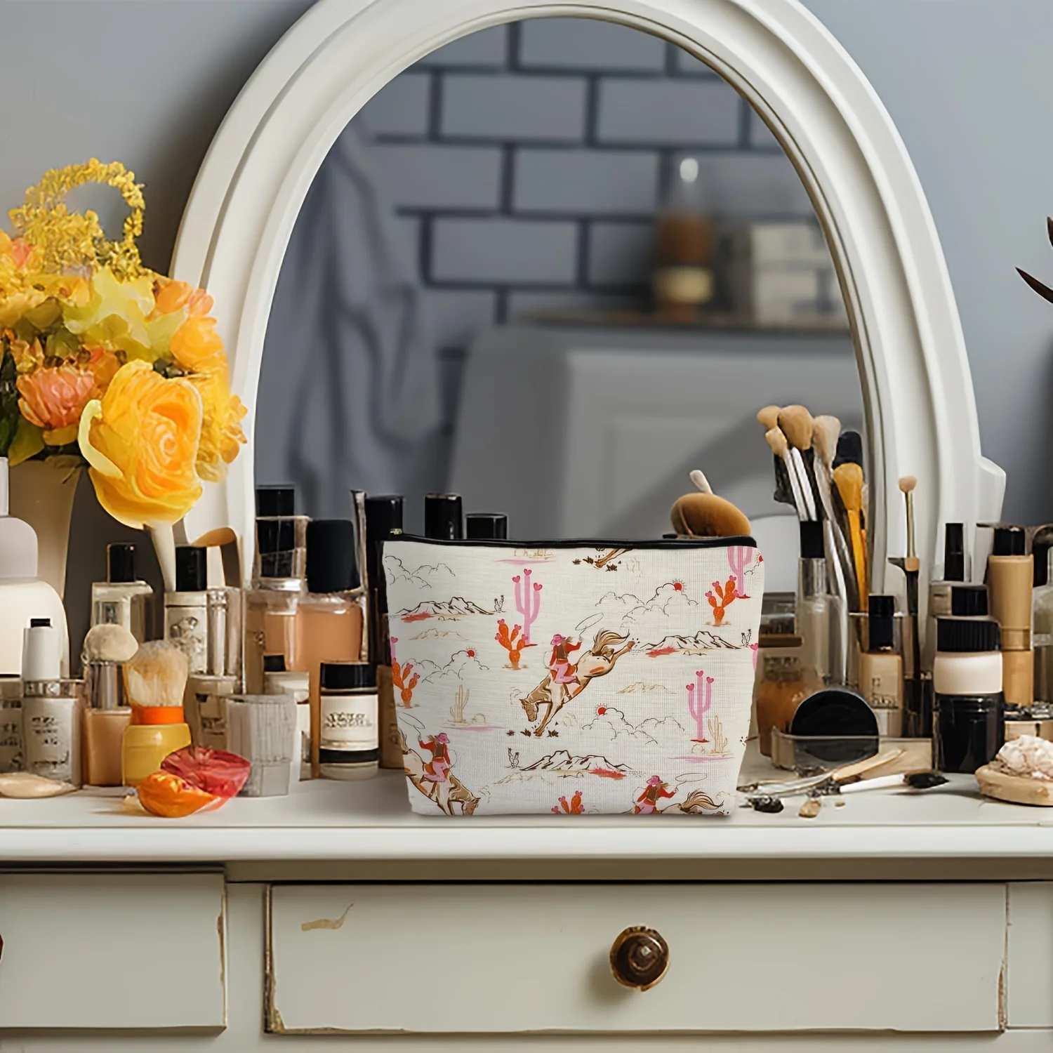 생생한 서부 카우걸 캠핑 메이크업 가방 - 여성용 귀여운 다기능 지퍼 가방, 보석 보관 가방