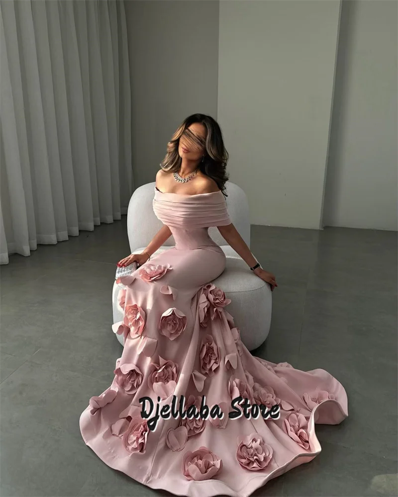 

New Pink Off the Shoulder Mermaid Prom Dresses 2025 3D Flower Court Train Floor-Length Evening Dresses Party Dress Customized