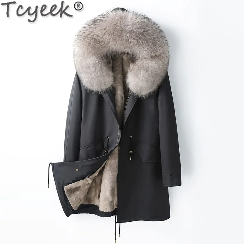 Tcyeek Men's Parka Fashion 2023 Detachable Mink Fur Liner Parka Warm Fox Fur Collar Winter Jackets for Men Clothing Fur Coat