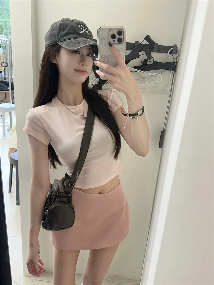 Women's Pink Slim Fit ort T-irt And f Skirt Set Summer New Sle Pure Desire Hot Girl Trendy Polyester Fiber round Ne