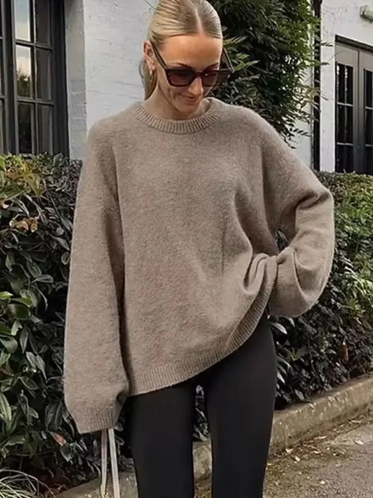 

2024, осенний женский модный однотонный свитер, вязаный свитер с круглым вырезом и длинными рукавами, женские топы, базовый повседневный женский пуловер для поездок на работу
