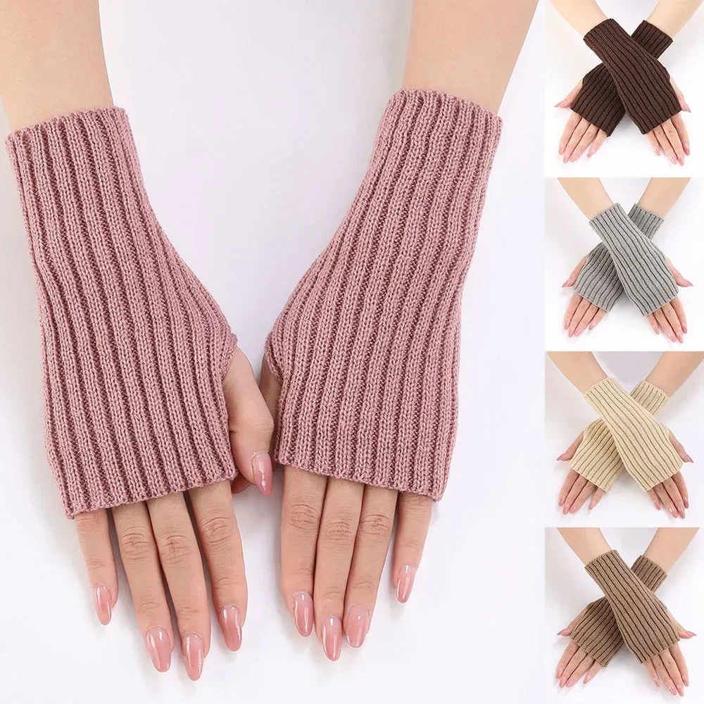 Long and Thick Striped Short Fashion Gloves for Autumn Winter New Women's Knitted Woolen Exposed Finger Arm Sleeves Wrist Guards