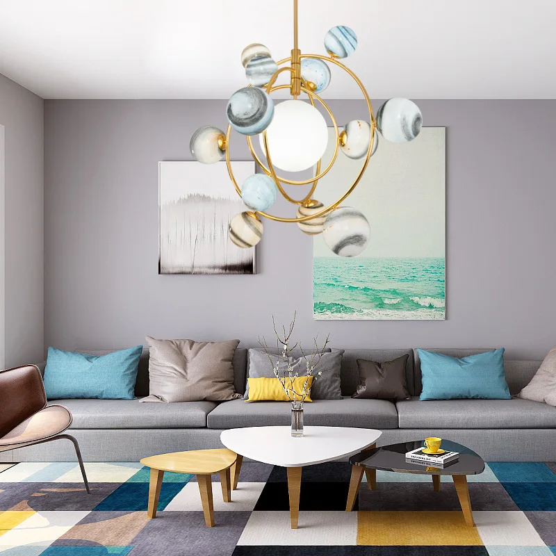Modern Creative LED Glass Ball Chandelier Roaming Earth Pendant Lamp Living Room Boy Bedroom Circular Art Hanging Lights Decor