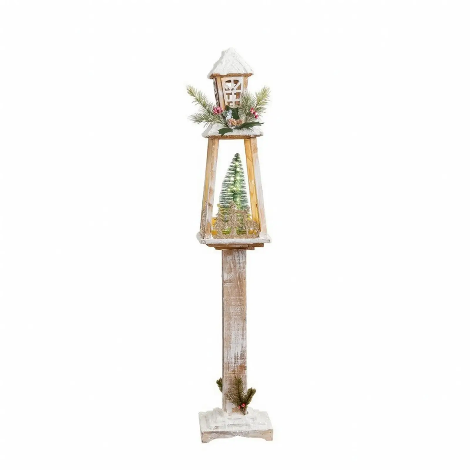 Wooden Lantern with LED Lights Vintage-Style Christmas Lantern Holiday Floor Lamp Rustic Freestanding for Indoor, Shop Displays