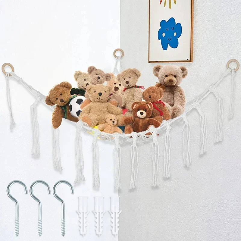 Corda di cotone intrecciata fatta a mano Triangolo portaoggetti angolare Borsa a rete per giocattoli Camera da letto Rete portaoggetti angolare Amaca per bambole giocattolo