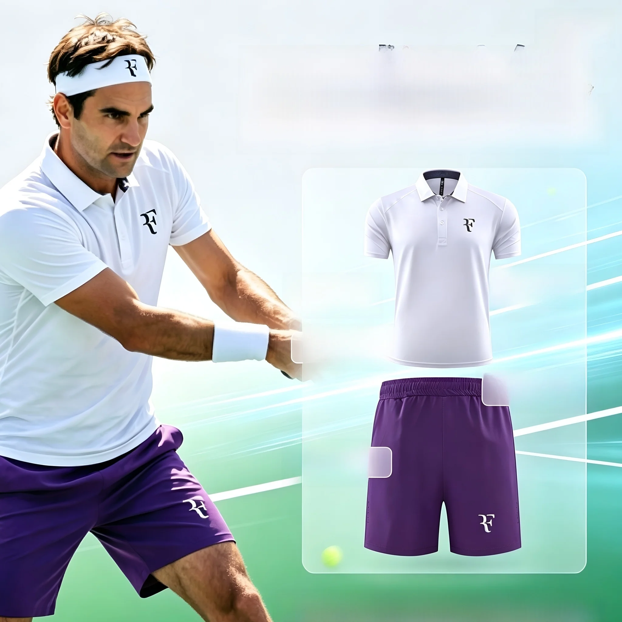 Federer RF Tennis Set Men's Quick Dry  Short Sleeve Purple Shorts Summer Sports Training Two Piece Set Tennis Gear for Men