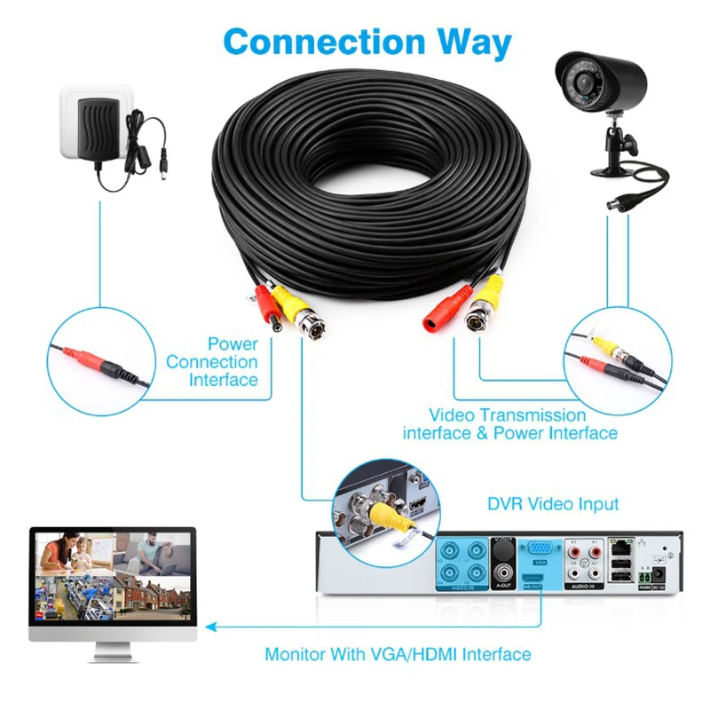 5M 10M 20M 30M 40M BNC RG59 Video Power Siamese Cable Security Camera CCTV Camera Wire Extension Cord