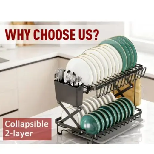 

Складная двухуровневая кухонная сушилка для посуды из нержавеющей стали с держателем для столовых приборов и нескользящим основанием для хранения на столешнице