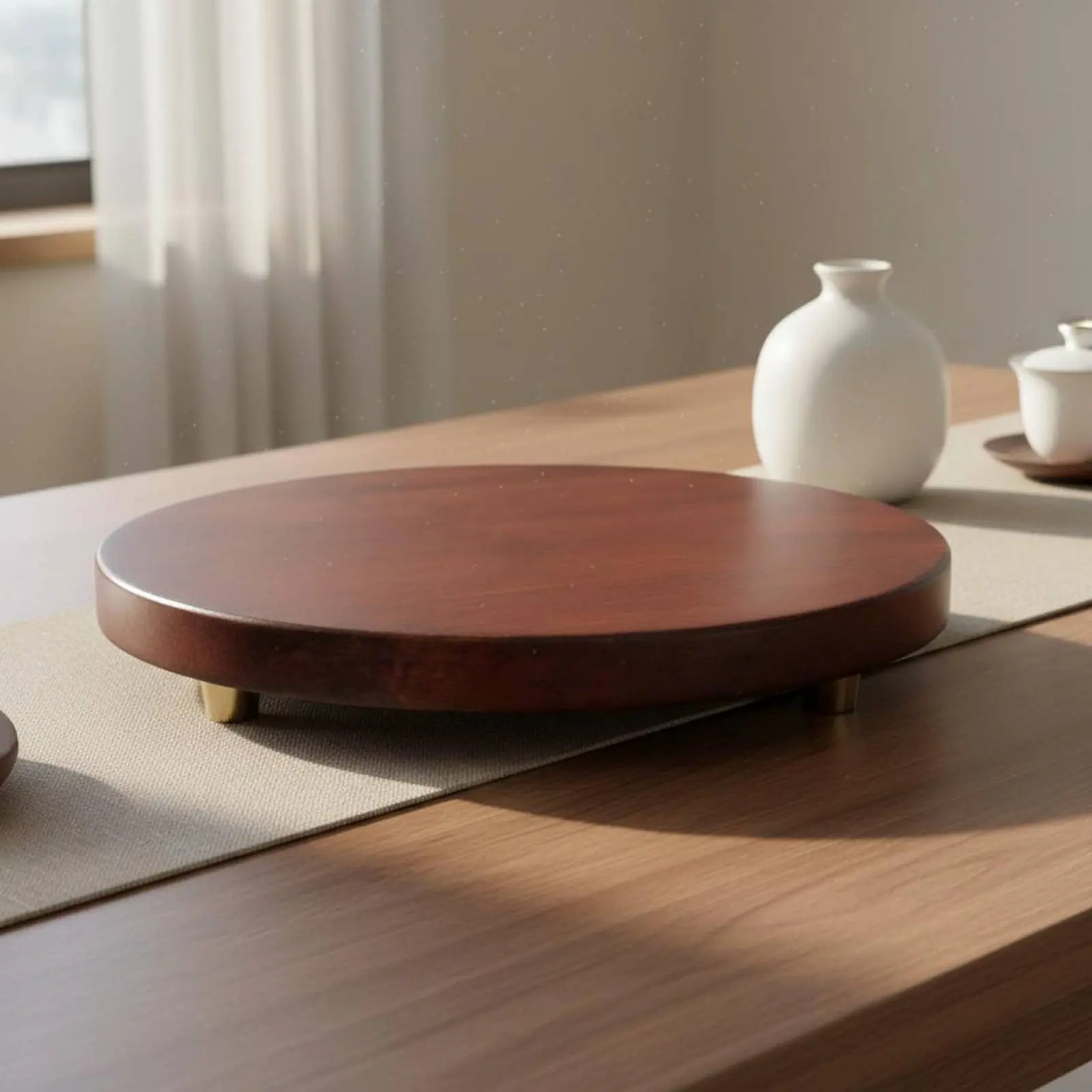 Round Wooden Base Multipurpose Wooden Pedestal Stand Faux Walnut Statue Riser Sturdy Pedestal Stand with Brass Feet