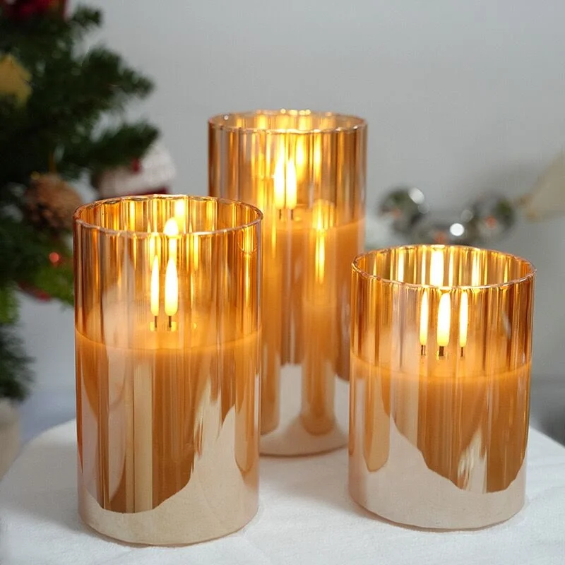 Ribbed Glass Candles Striped led Candle w/Remote control Paraffin Wax Flickering Pillar Candle lamp Party Table Decoration-Amber