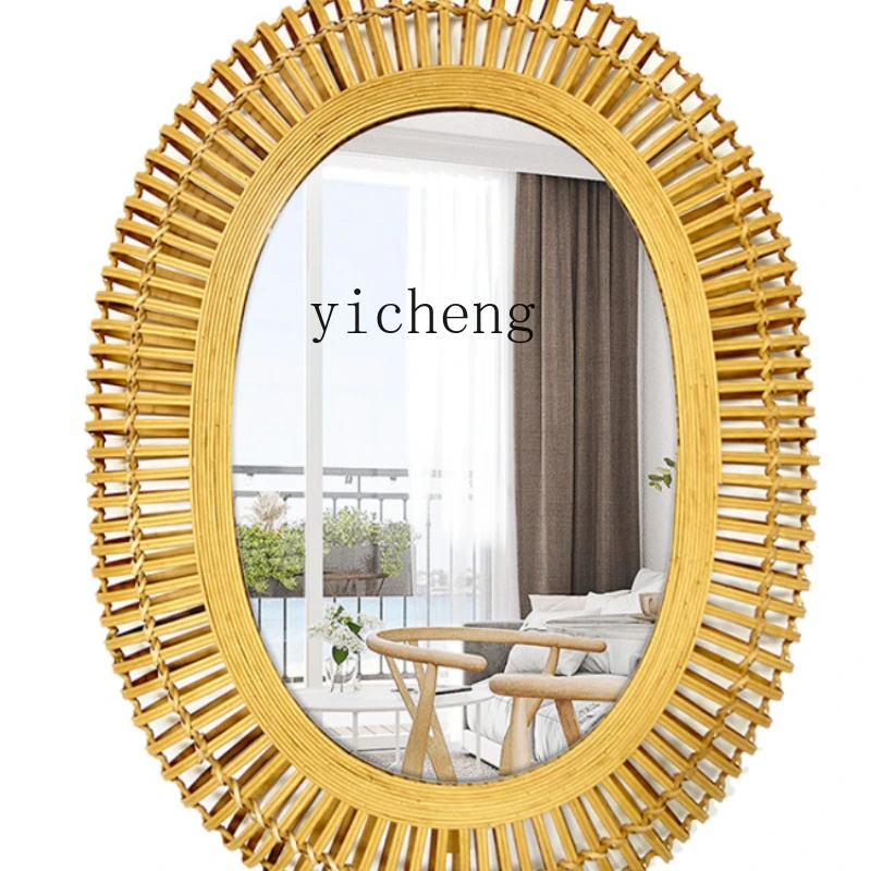 ZK Pastoral Style Grass Woven Decorative Mirror Cosmetic Mirror Bedroom Bathroom Wall Hanging round Mirror