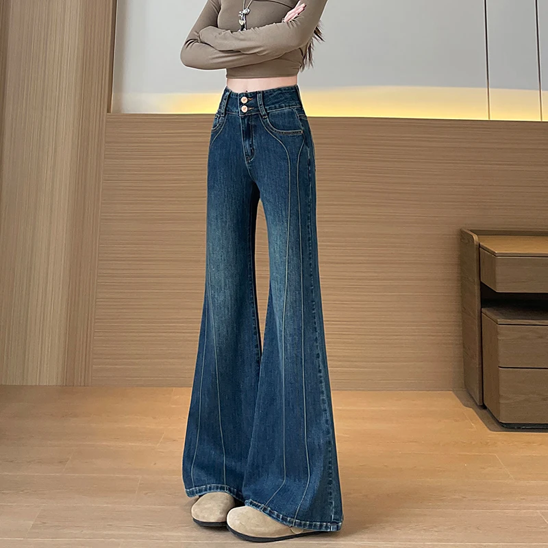 Women High Waist Flare Jeans Vintage Stretchy Denim Pants Double Button Contrast Stitching Panel Design Y2K Bell Bottom Trousers