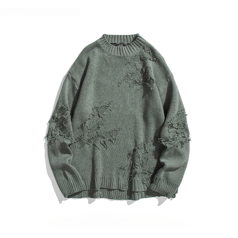 

Autumn Winter Tattered Style High Street Knitted Sweater Men's Trendy Hong Kong Style Ripped Hole Loose Casual Hip-hop Pullover