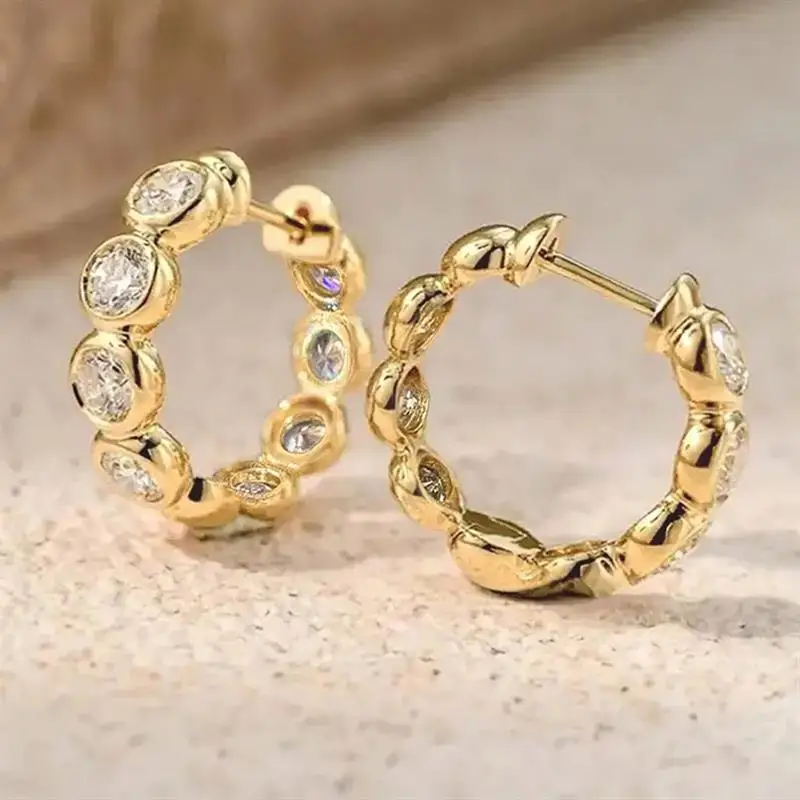 Huitan Gold Color Hoop Earrings for Women Inlaid Shining Round CZ Fashion Accessories for Party Wedding Noble Versatile Jewelry