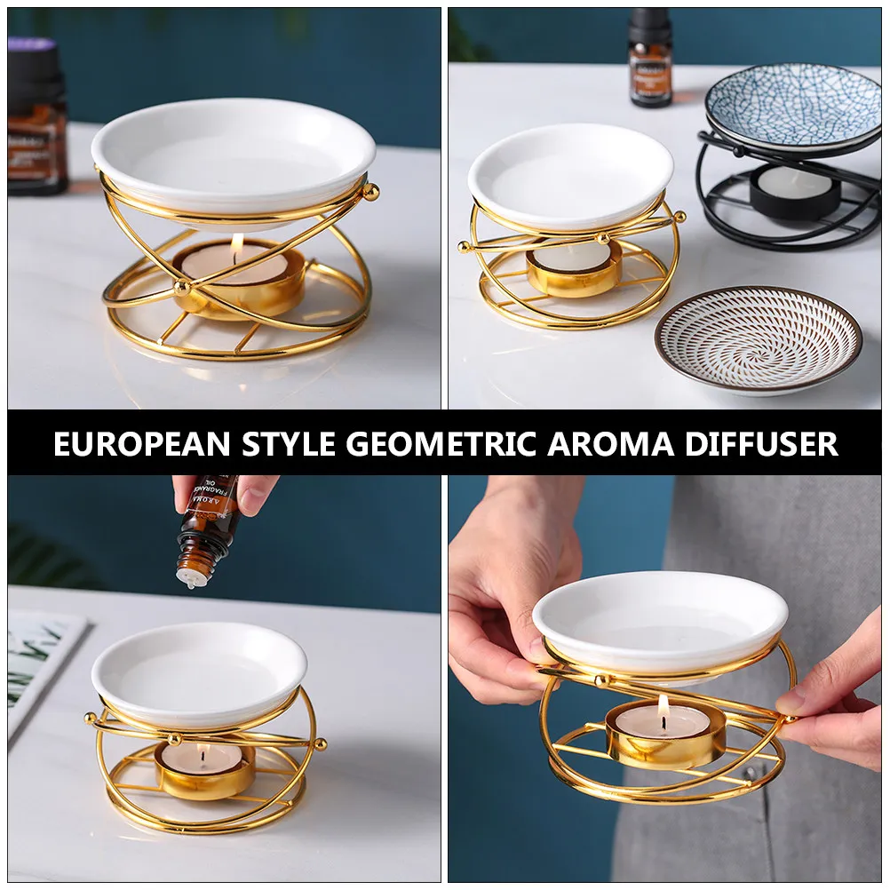 1Pcs Ceramic Essential Oil Burner Aromatherapy Diffuser with Golden Bracket Hollow Design for Home Living Room Bedroom Desk