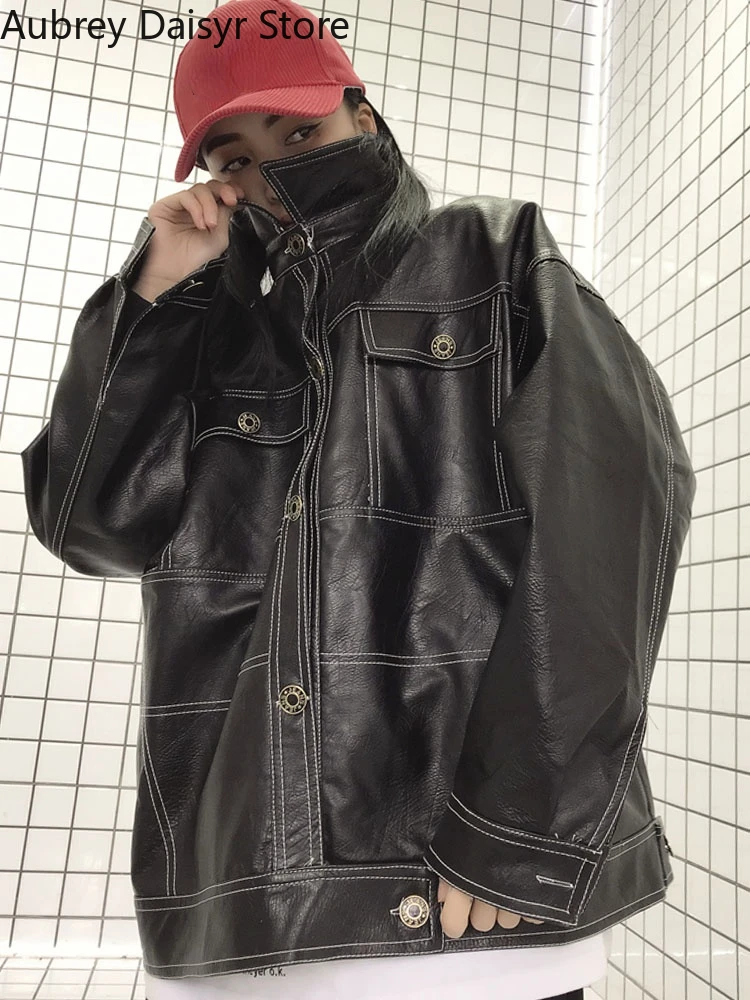 Chaqueta de cuero negro coreano para mujer, ropa de calle Harajuku, chaqueta de Moto suelta, ropa de calle Vintage Punk, abrigo de motorista, 2022