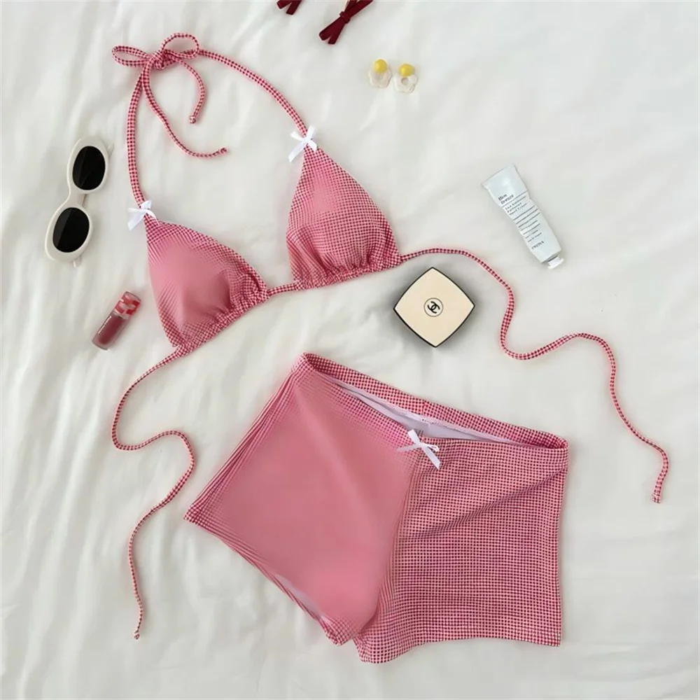 Sexy Plaid Bikini Shorts Set White Bowknot Micro String Swimsuit Women Two Piece Tankini Backless Vacation Swimwear Beach Outfit