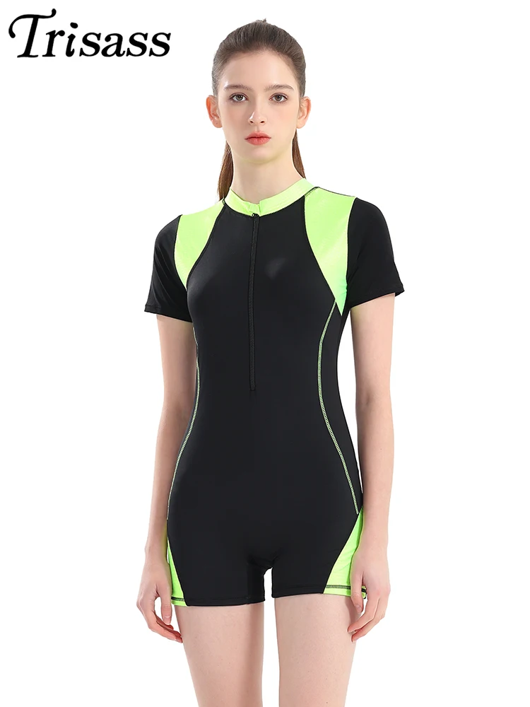 

Trisass 2024 New Arrival Professional Sportswear One Piece Women's Swimwear Bodysuit Fifth Pants With Short Sleeve Swimsuit