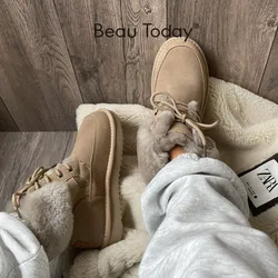 BeauToday buty ocieplane kobiety zimowe zamszowe okrągłe Toe krzyż wiązanej wełny futro kobiet 2023 Hot Booties buty Handmade C08204